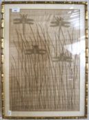 A 20th century needlework panel depicting dragonflies amongst reeds, framed and glazed,