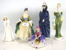 Five Royal Doulton bone china figures of ladies, including 'Monica' (HN1467)',