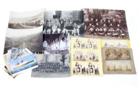 A folder of early military photogaphs postcards and stereoview stereoscopic photos