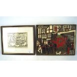 A painted resin tavern scene and a 20th century engraved map of Pescara, the latter framed,