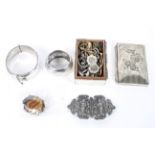 An assortment of mixed costume jewellery and collectables, including silver hinged bangle,