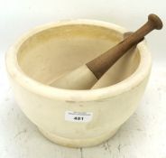 A large stoneware pestle and mortar and a large stoneware saltglazed storage jar with lid,