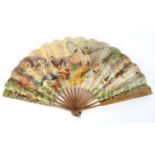 A 20th century French advertising folding fan, the wooden guards marked 'Moet & Chandon' champagne,