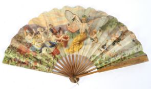 A 20th century French advertising folding fan, the wooden guards marked 'Moet & Chandon' champagne,