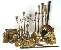 An assortment of brass, copper and metalware, including:a pair of three light candelabra,