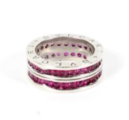 A silver and ruby double row band ring, marked 'Bvlgari', size R,