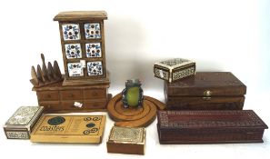 An assortment of wooden collectables, including: inlaid boxs in sizes,