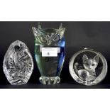 Three glass paperweights, one of an owl by Murano, H16cm,