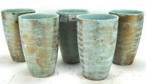 Five German made pottery vases, glazed in blue with gilt details, model number 632-19,