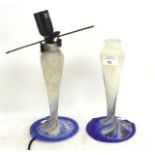 A pair of French blue and white Art Glass lamp bases marked 'Art de France' approx L15cm x H26cm