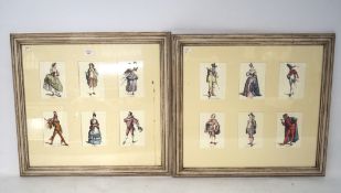 Two framed prints of Venetian Commedia dell'Arte characters, each containing six named characters,