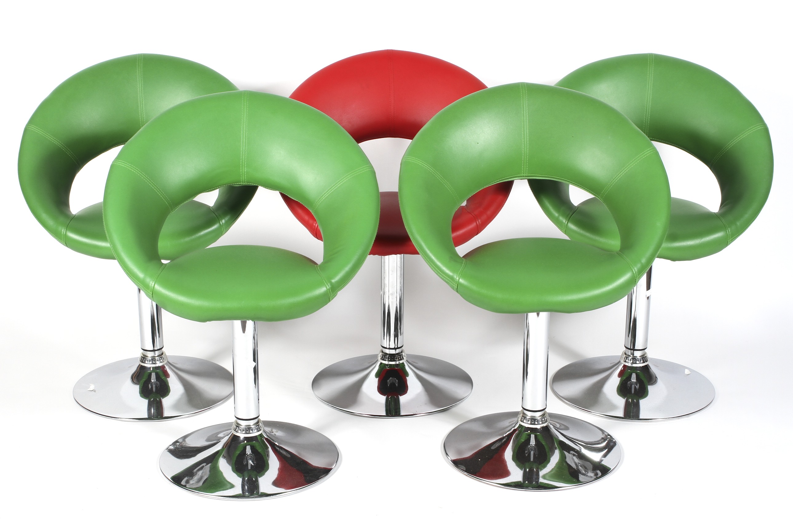 A set of five contemporary faux leather retro style revolving stools raised on a chrome column and
