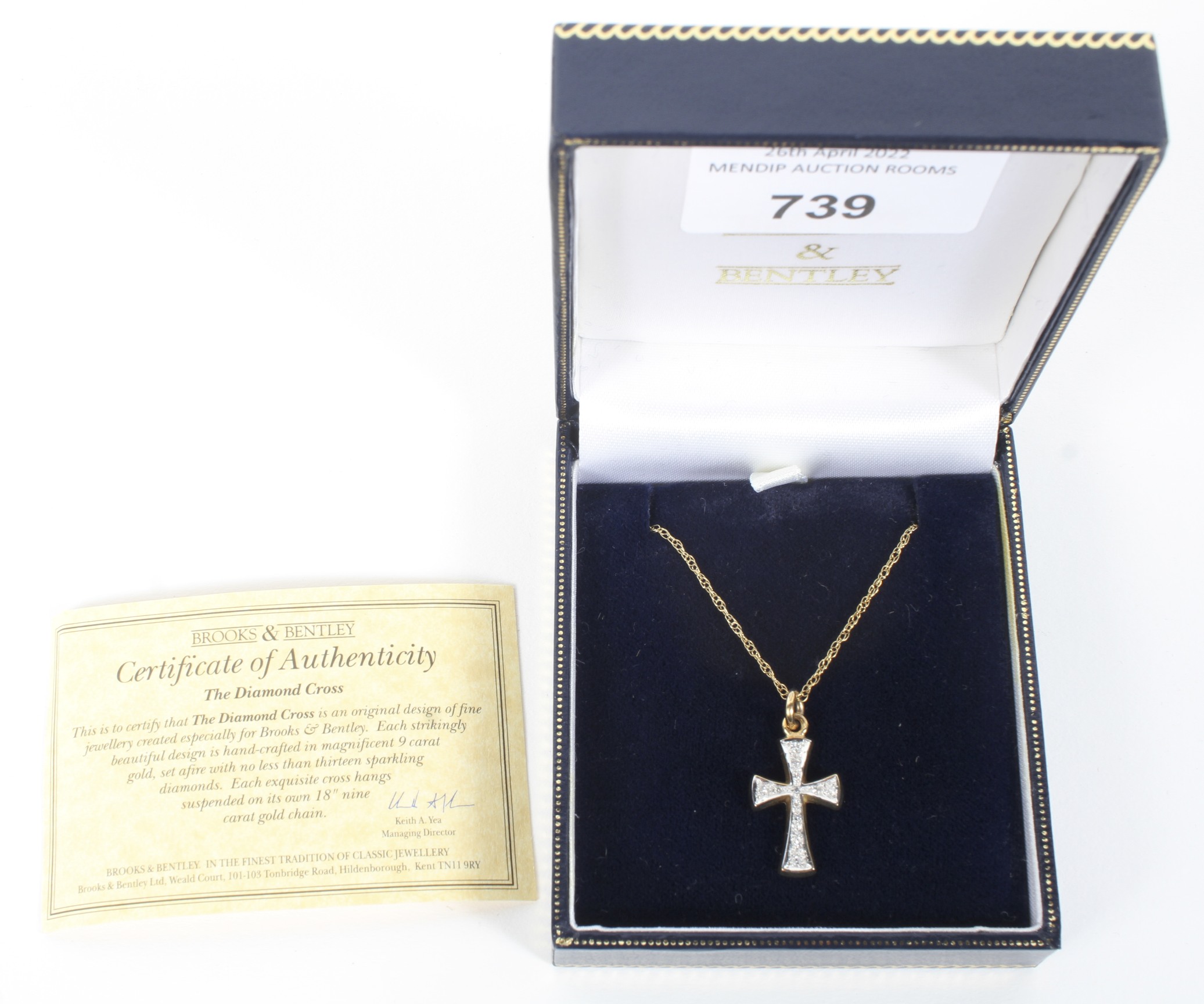 9ct gold diamond encrusted cross on a 9ct gold chain, in Brooks & Bentley box, - Image 2 of 2