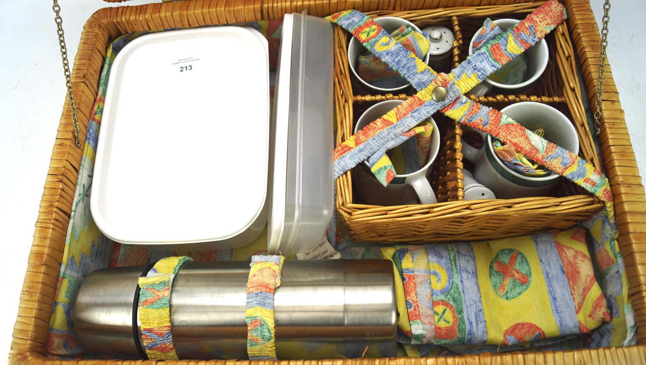 A wicker picnic basket with contents, including plates, thermos, mugs, cutlery and other items, - Image 2 of 3
