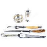 A silver sugar sifter, together with a silver bowl, a sharpening knife and another,