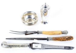 A silver sugar sifter, together with a silver bowl, a sharpening knife and another,