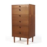 A 1960s teak chest of drawers, with six drawers, raised on short square tapering supports,