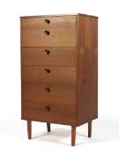 A 1960s teak chest of drawers, with six drawers, raised on short square tapering supports,