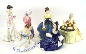 A collection of six Royal Doulton ladies, 20th century, printed green marks, including 'Marjorie',