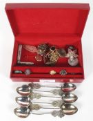 A box of vintage silver, jewellery and collectables, including a yellow metal signet ring,