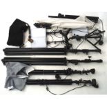 An assortment of photographic lights and tripod stands,