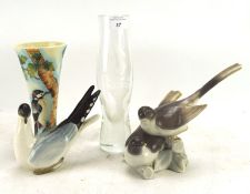 Four ceramic and glass collectables including a Lladro model of doves,