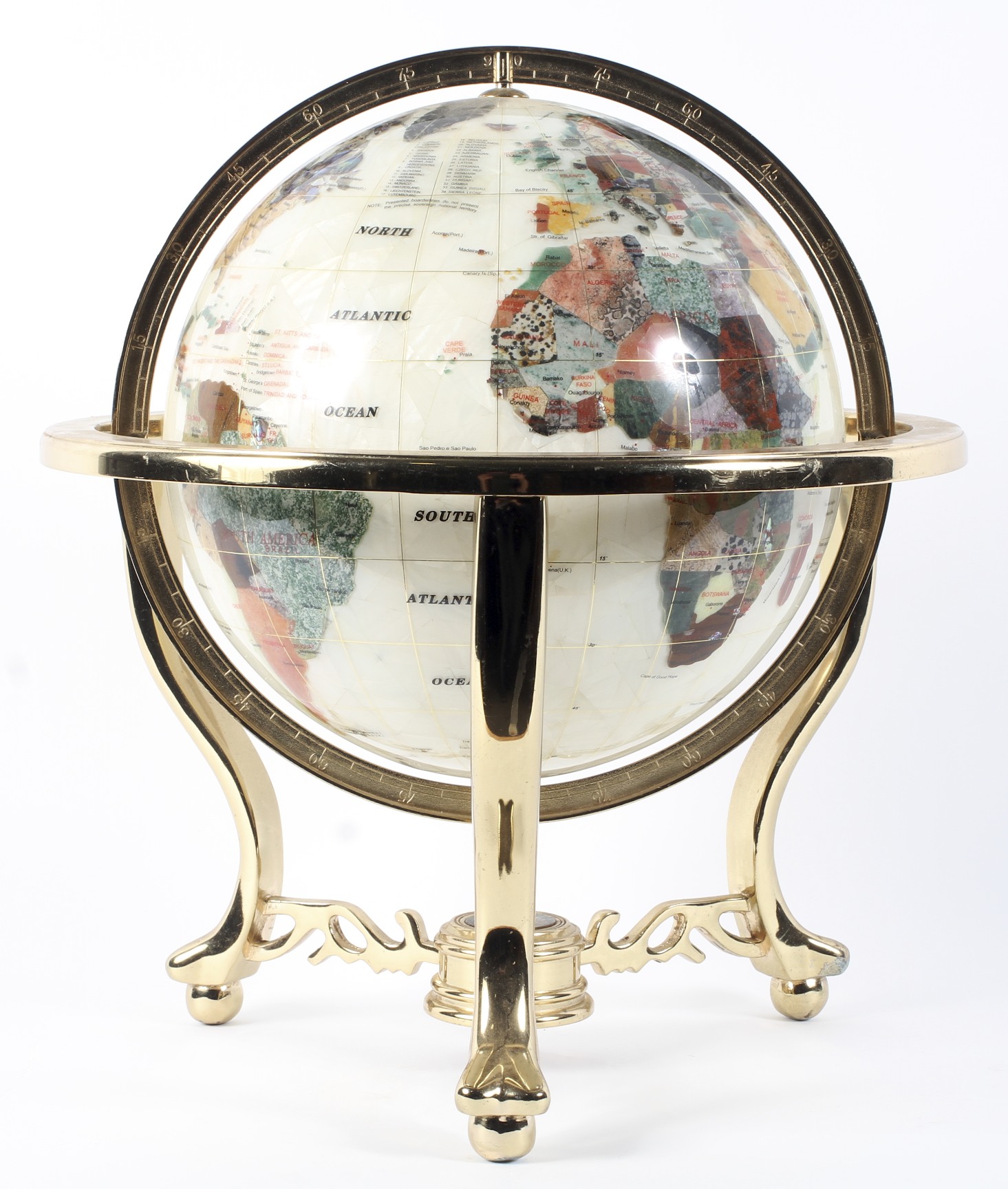 A table top globe mounted with semi-precious stones,