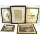 A collection of prints, watercolours and a drawing, including: an engraving of Lugano,