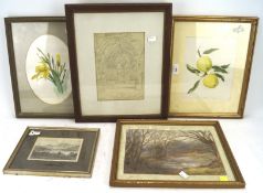 A collection of prints, watercolours and a drawing, including: an engraving of Lugano,