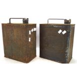 Two vintage petrol cans, one being Esso, the other Pratts,