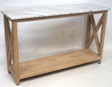 A modern white stained oak consol table with white and grey marble top, L125 x D37.