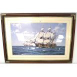 A large 20th century print of two galleons under full sail, titled verso 'The Duke and Duchess',