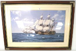 A large 20th century print of two galleons under full sail, titled verso 'The Duke and Duchess',