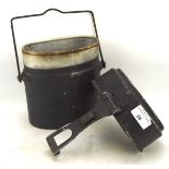 A brass mounted horn powder flask and a World War II period metal food container with adjustable
