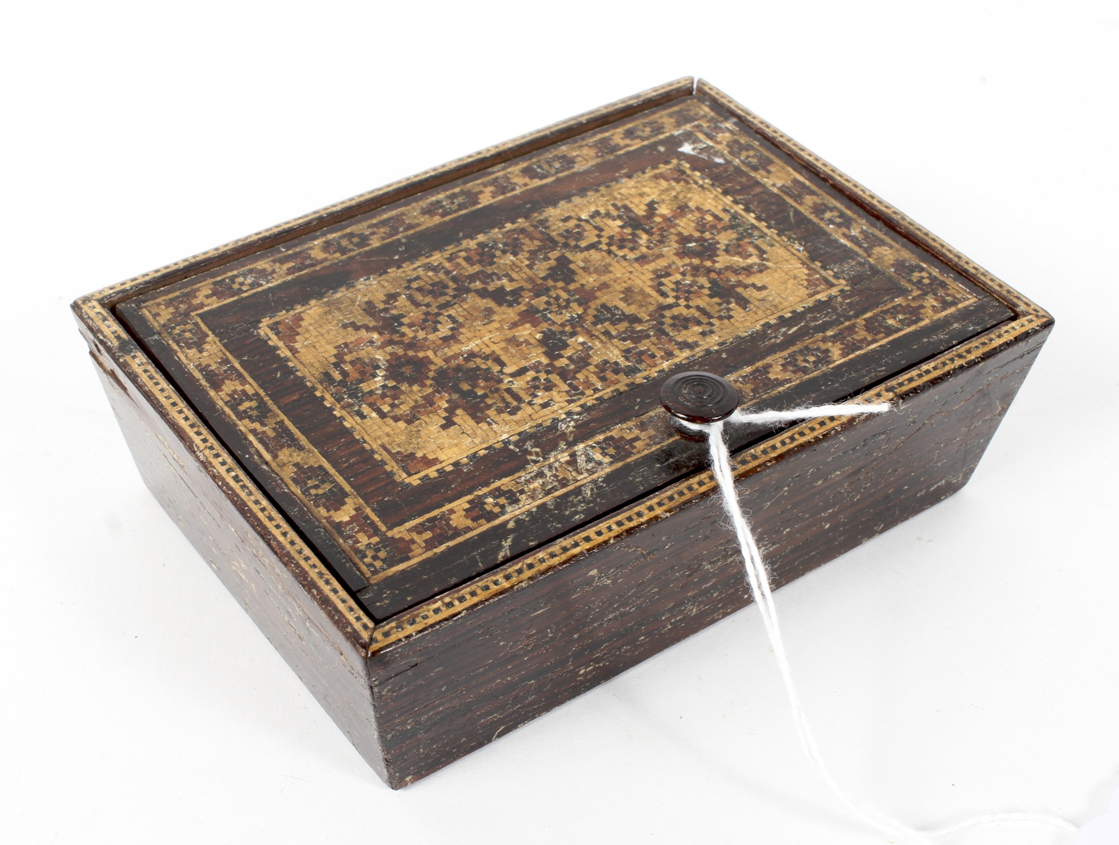 A late 19th century small wooden Tunbridge ware jewellery box,