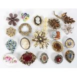 A collection of vintage brooches, including two cameos,