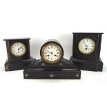 Three late 19th century slate mantle clocks, two with marble inlaid decoration,