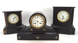 Three late 19th century slate mantle clocks, two with marble inlaid decoration,