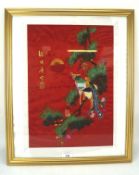 A contemporary Chinese silk embroidery, depicting a phoenix and another bird on a branch,