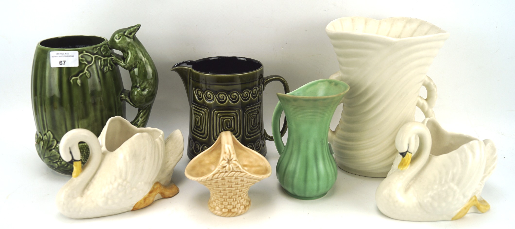 An assortment of Sylvac ceramics, including two swan vases no.
