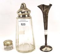 A silver trumpet vase, silver mounted sugar caster and silver mounted pot,