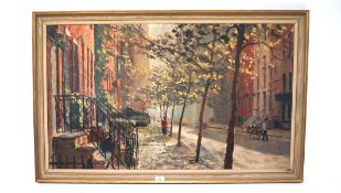 A Peter Hayward print, depicting a street scene, 100cm x 59cm,