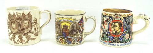 Three 20th century commemorative mugs, comprising a Royal Doulton coronation mug 1902,