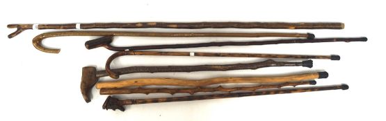 Seven walking sticks, of assorted sizes and designs, some with painted decoration,