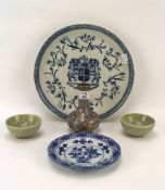 An assortment of ceramics including two Chinese style twin-fish celadon dishes,