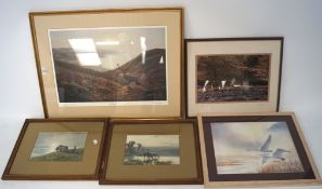 Five assorted prints and pictures, including a watercolour of a flying goose,