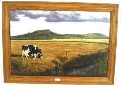 Neville P Arnold, oil on canvas depicting cows in pasture, with stream to the foreground,