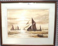 A Everard, sepia watercolour of boats off the shoreline, signed lower left, 49cm x 34cm,