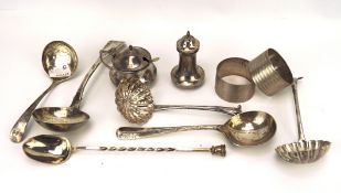 An assortment of 18th century and later silver and plate, a spoon hallmarked London 1791,