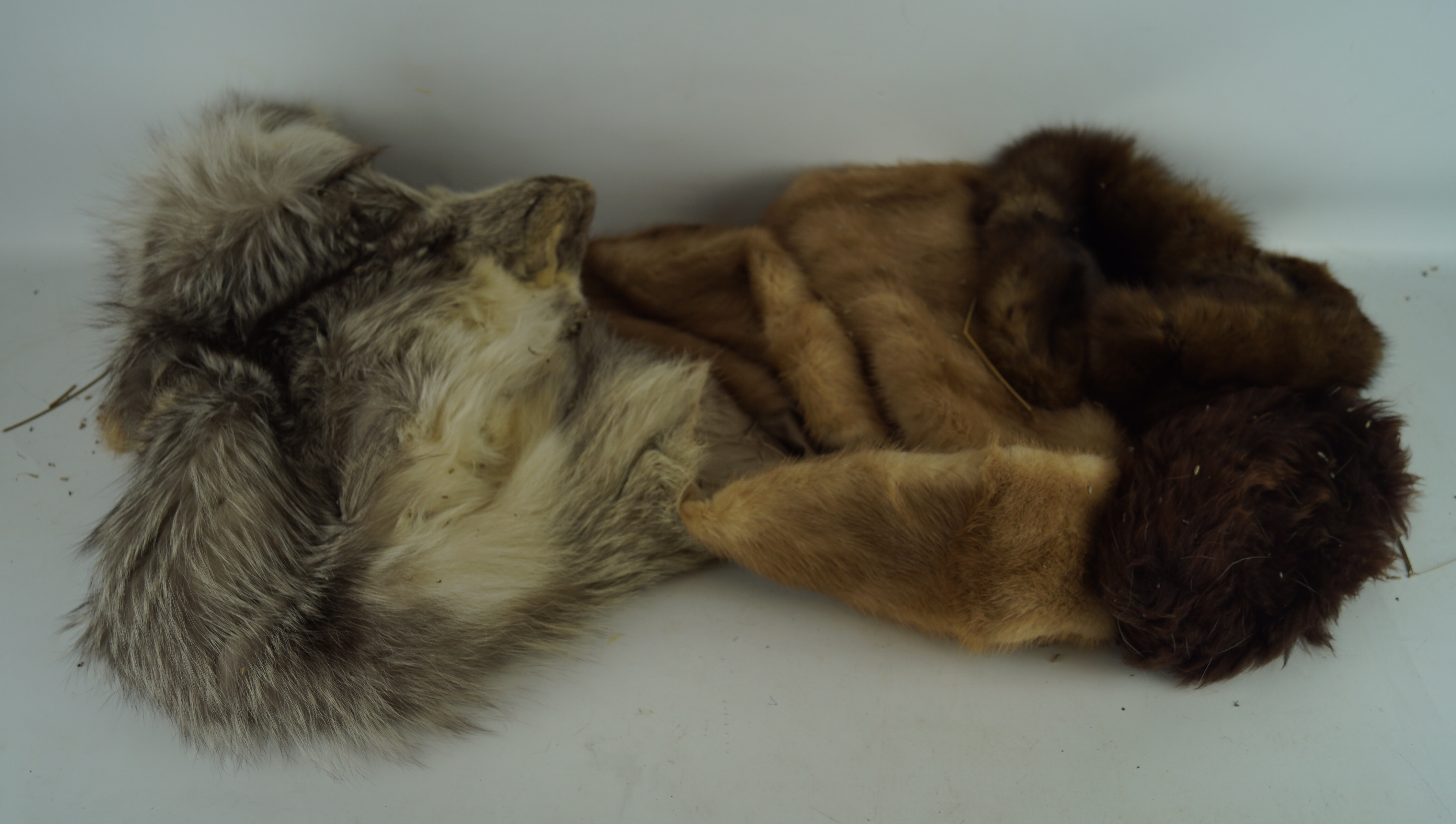 An assortment of vintage furs, including a wrap with a brown lining,